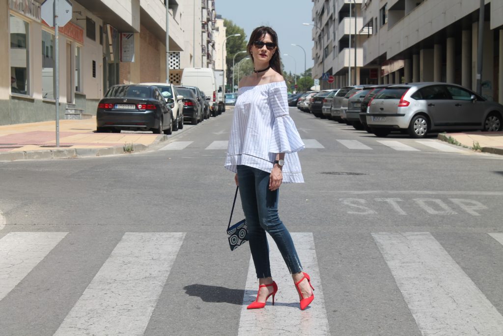 Blue Striped Off-The-Shoulder Blouse Outfit