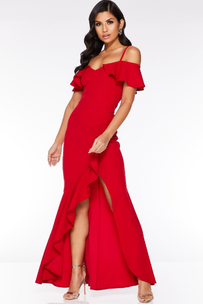 Vestido Largo Rojo con Volantes y Abertura Frontal Quiz Clothing - Rincón Rachel